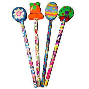 Lisa Frank Vtg Lot Of 4 Pencils W/ Seasonal Toppers Egg,Bell, Snowflake,Wreath